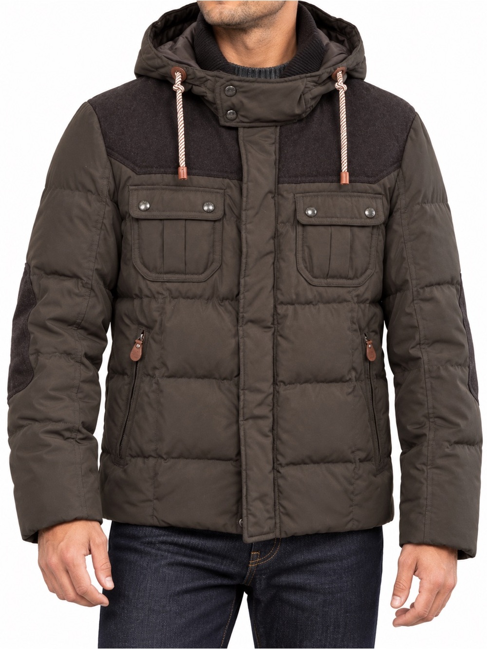 SIEG Men’s Duck Down Field Puffer Jacket Wool Blend Hood Olive 105 Est L